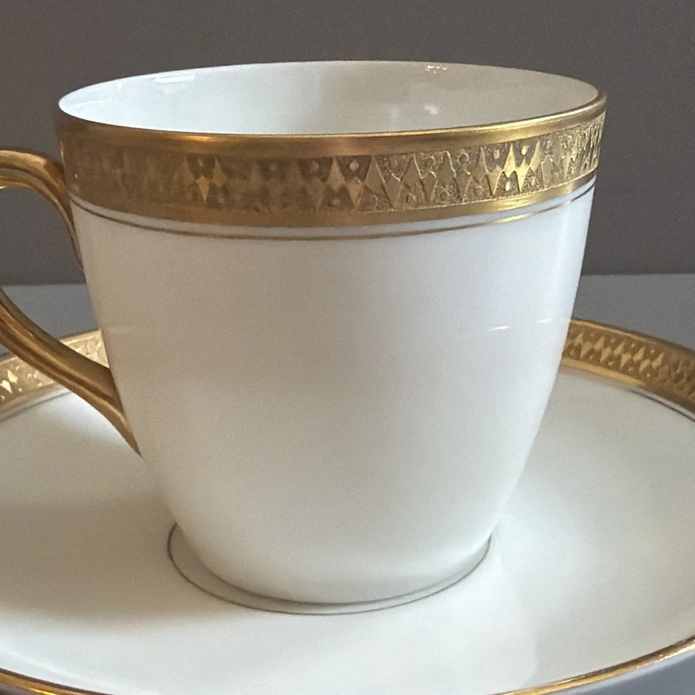 Art Deco TK Thuny Czechoslovakia Porcelain Demitasse Cup & Saucer White w/ Gold